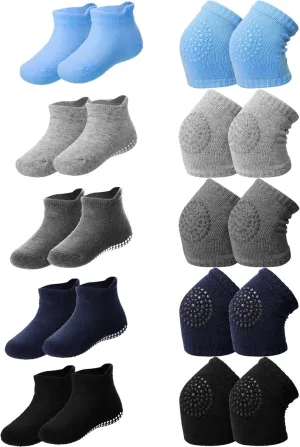 10 Pairs Baby Crawling Anti Slip Knee Pads and Anti Slip Baby Socks Set Unisex Toddler Knee Protectors Non Slip Ankle Socks