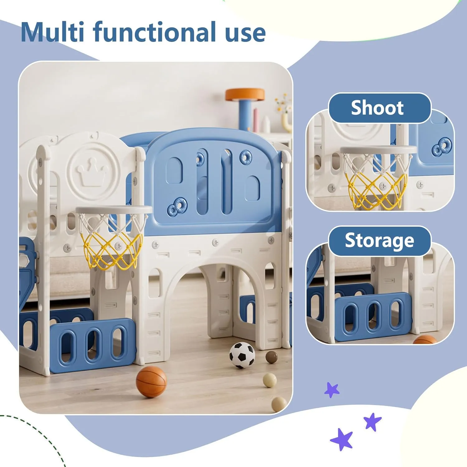 11-in-1 Toddler Outdoor Playset with Slide & Swing, Indoor Playground for Kids, Featuring Basketball Hoop, Extra Long Aisle, Toddler Slide for Backyard and Large Indoor Spaces,Blue&Yellow
