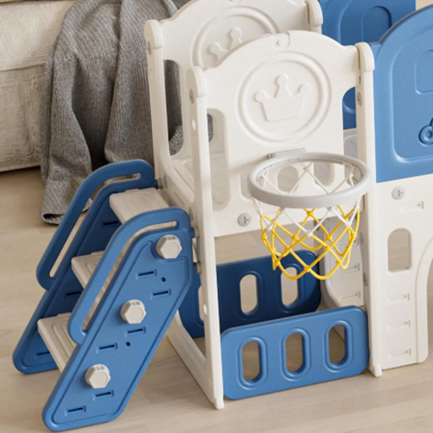 11-in-1 Toddler Outdoor Playset with Slide & Swing, Indoor Playground for Kids, Featuring Basketball Hoop, Extra Long Aisle, Toddler Slide for Backyard and Large Indoor Spaces,Blue&Yellow