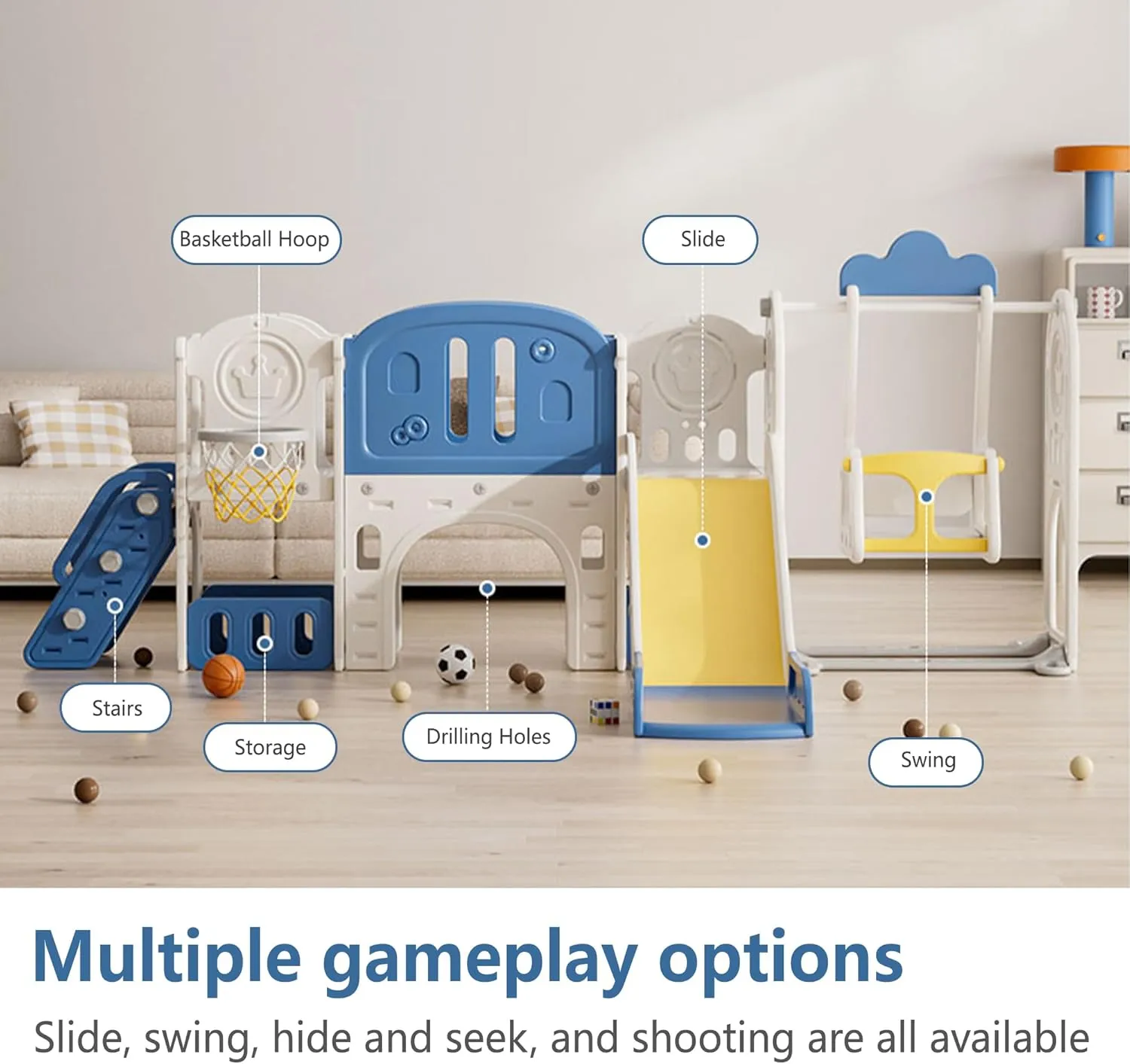 11-in-1 Toddler Outdoor Playset with Slide & Swing, Indoor Playground for Kids, Featuring Basketball Hoop, Extra Long Aisle, Toddler Slide for Backyard and Large Indoor Spaces,Blue&Yellow