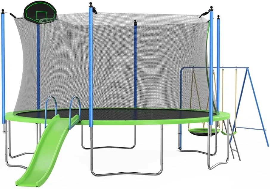12FT Trampoline with Basketball Hoop, Slide and Swings for Kids & Adults, ASTM Approval Recreational Trampoline Outdoor with Ladder and Safety Enclosure Net for Courtyard Amusement Park, Green