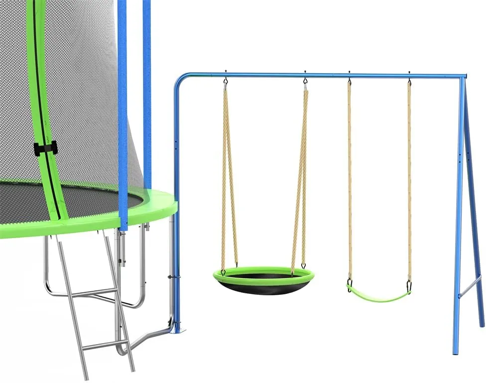 12FT Trampoline with Basketball Hoop, Slide and Swings for Kids & Adults, ASTM Approval Recreational Trampoline Outdoor with Ladder and Safety Enclosure Net for Courtyard Amusement Park, Green