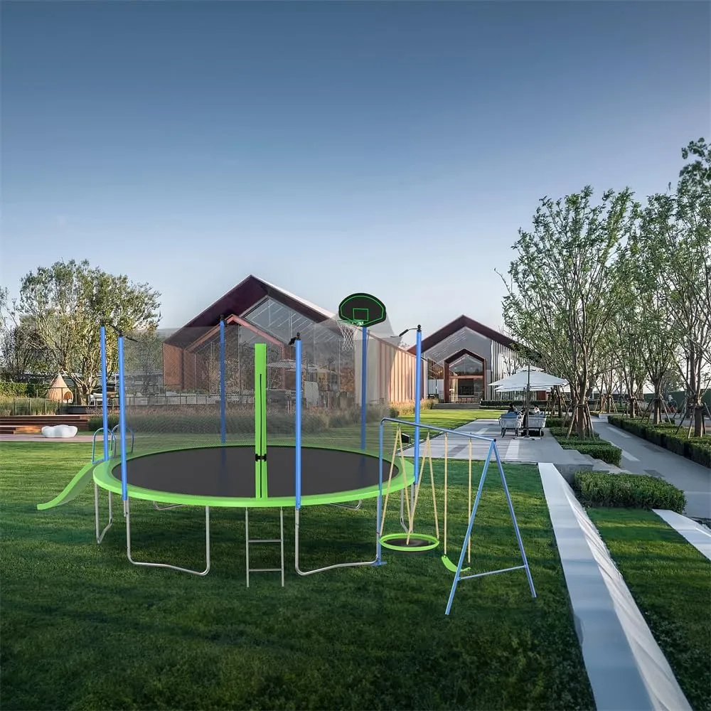 12FT Trampoline with Basketball Hoop, Slide and Swings for Kids & Adults, ASTM Approval Recreational Trampoline Outdoor with Ladder and Safety Enclosure Net for Courtyard Amusement Park, Green