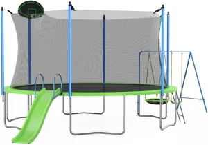 12FT Trampoline with Basketball Hoop, Slide and Swings for Kids & Adults, ASTM Approval Recreational Trampoline Outdoor with Ladder and Safety Enclosure Net for Courtyard Amusement Park, Green
