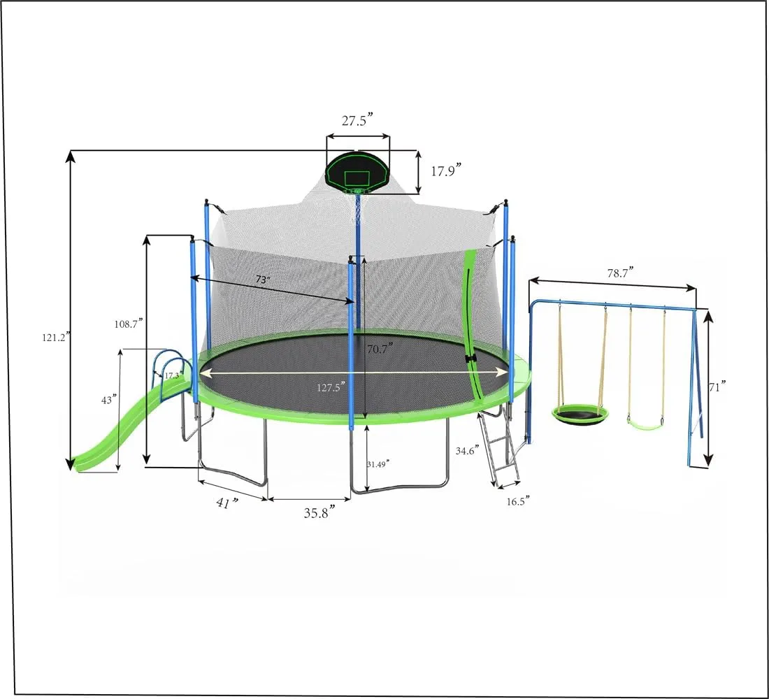 12FT Trampoline with Basketball Hoop, Slide and Swings for Kids & Adults, ASTM Approval Recreational Trampoline Outdoor with Ladder and Safety Enclosure Net for Courtyard Amusement Park, Green