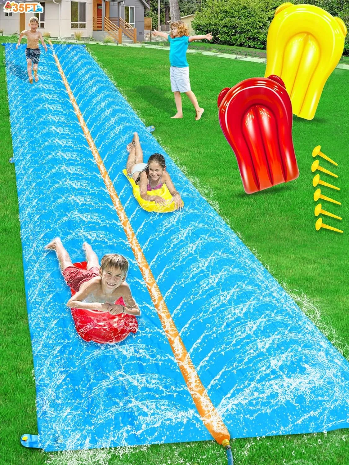 35Ft Huge Slip and Water Slide with Sprinkler, Heavy Duty Lawn Waterslide for Kids Adults, Extra Long Double Lane Water Toys n Slides with 2 Bodyboards Backyard Lawn Summer Outdoor Water Toys