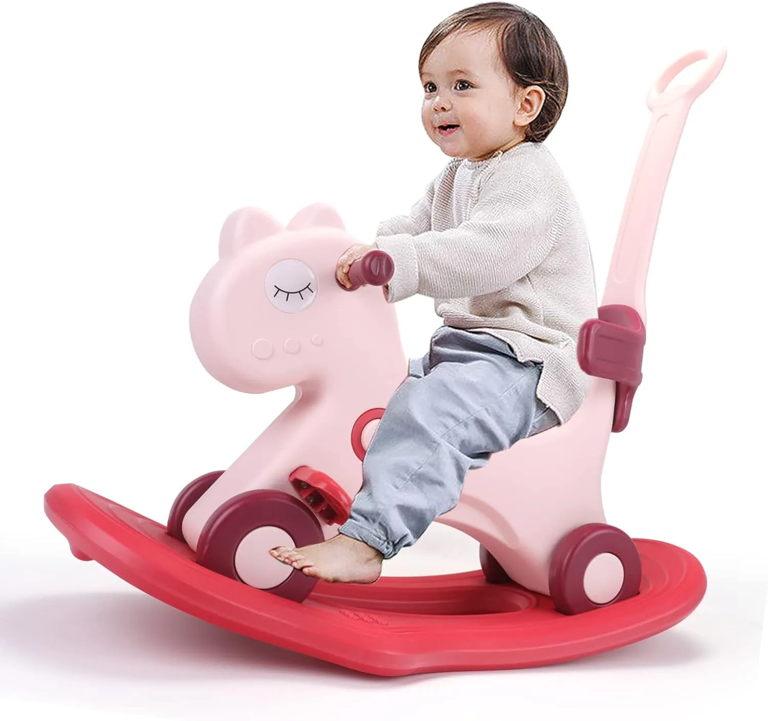4 in 1 Rocking Horse for Toddlers 1-3 Years Old, Baby Rocking Toy Fun Birthday Gift for 1  Girls, Ride on Toy with Detachable Balance Board and Footrest，Balance Bike with Push Handle，Pink