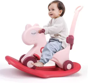 4 in 1 Rocking Horse for Toddlers 1-3 Years Old, Baby Rocking Toy Fun Birthday Gift for 1  Girls, Ride on Toy with Detachable Balance Board and Footrest，Balance Bike with Push Handle，Pink