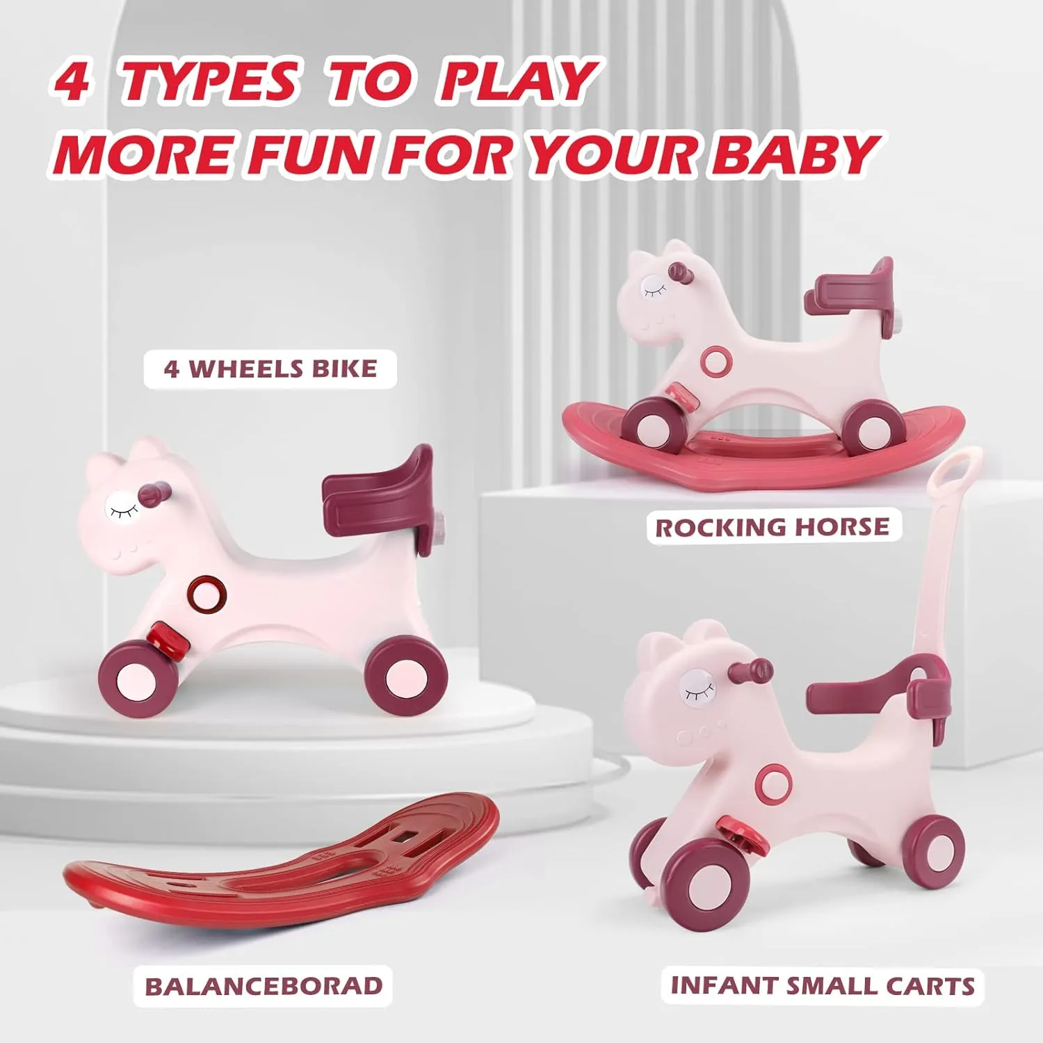 4 in 1 Rocking Horse for Toddlers 1-3 Years Old, Baby Rocking Toy Fun Birthday Gift for 1  Girls, Ride on Toy with Detachable Balance Board and Footrest，Balance Bike with Push Handle，Pink