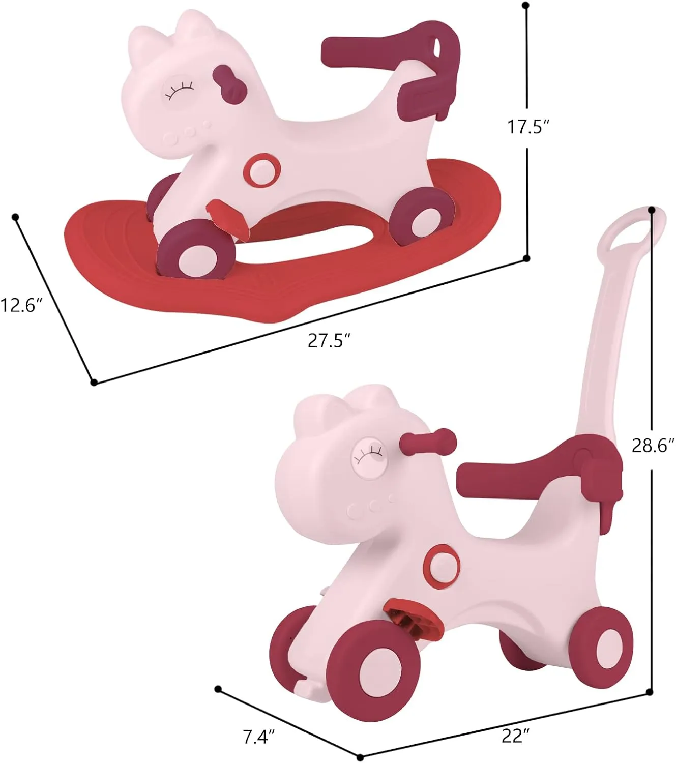 4 in 1 Rocking Horse for Toddlers 1-3 Years Old, Baby Rocking Toy Fun Birthday Gift for 1  Girls, Ride on Toy with Detachable Balance Board and Footrest，Balance Bike with Push Handle，Pink