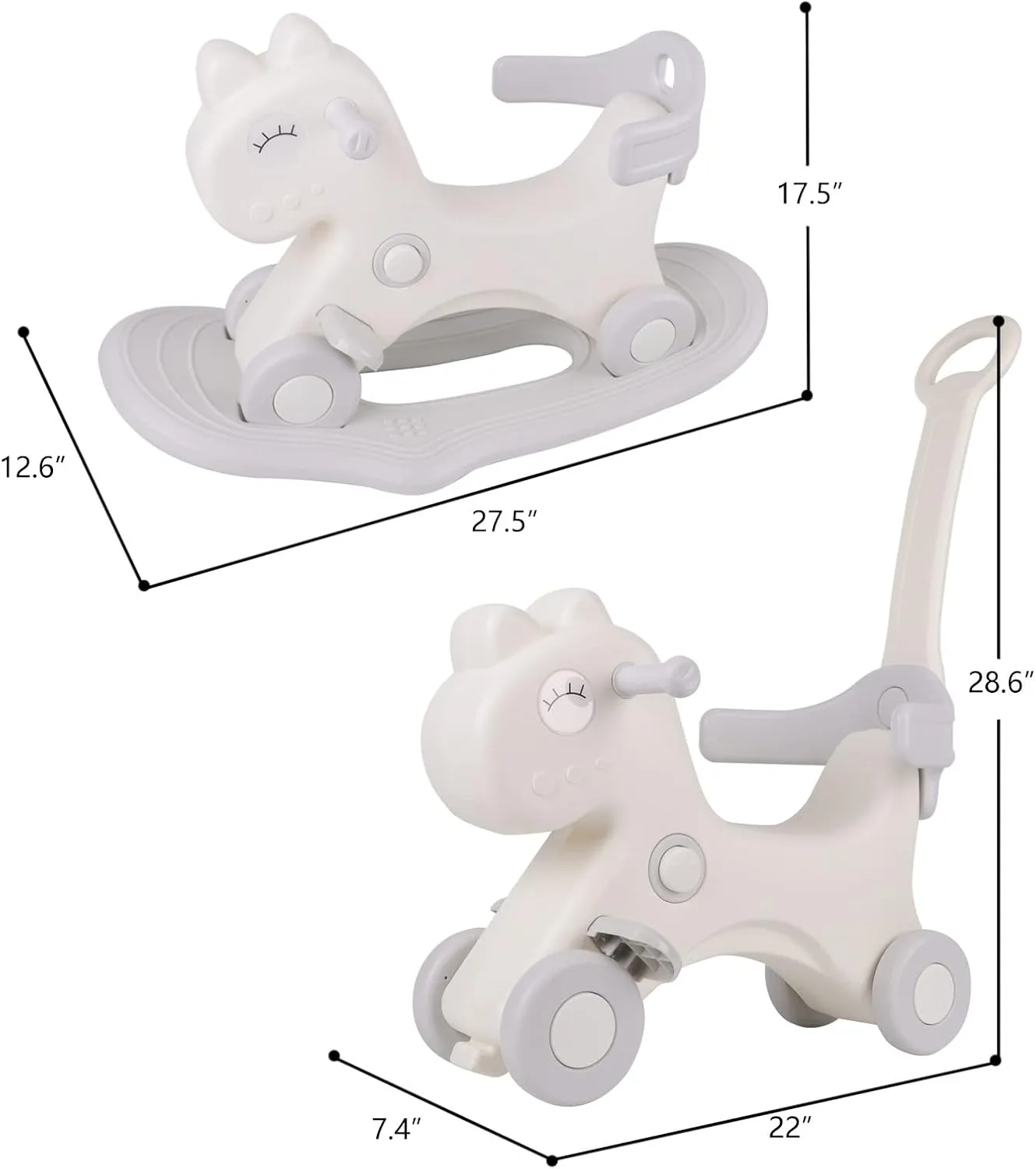 4 in 1 Rocking Horse for Toddlers 1-3 Years Old, Baby Rocking Toy Fun Birthday Gift for 1  Kids, Ride on Toy with Detachable Balance Board and Footrest，Balance Bike with Push Handle，White