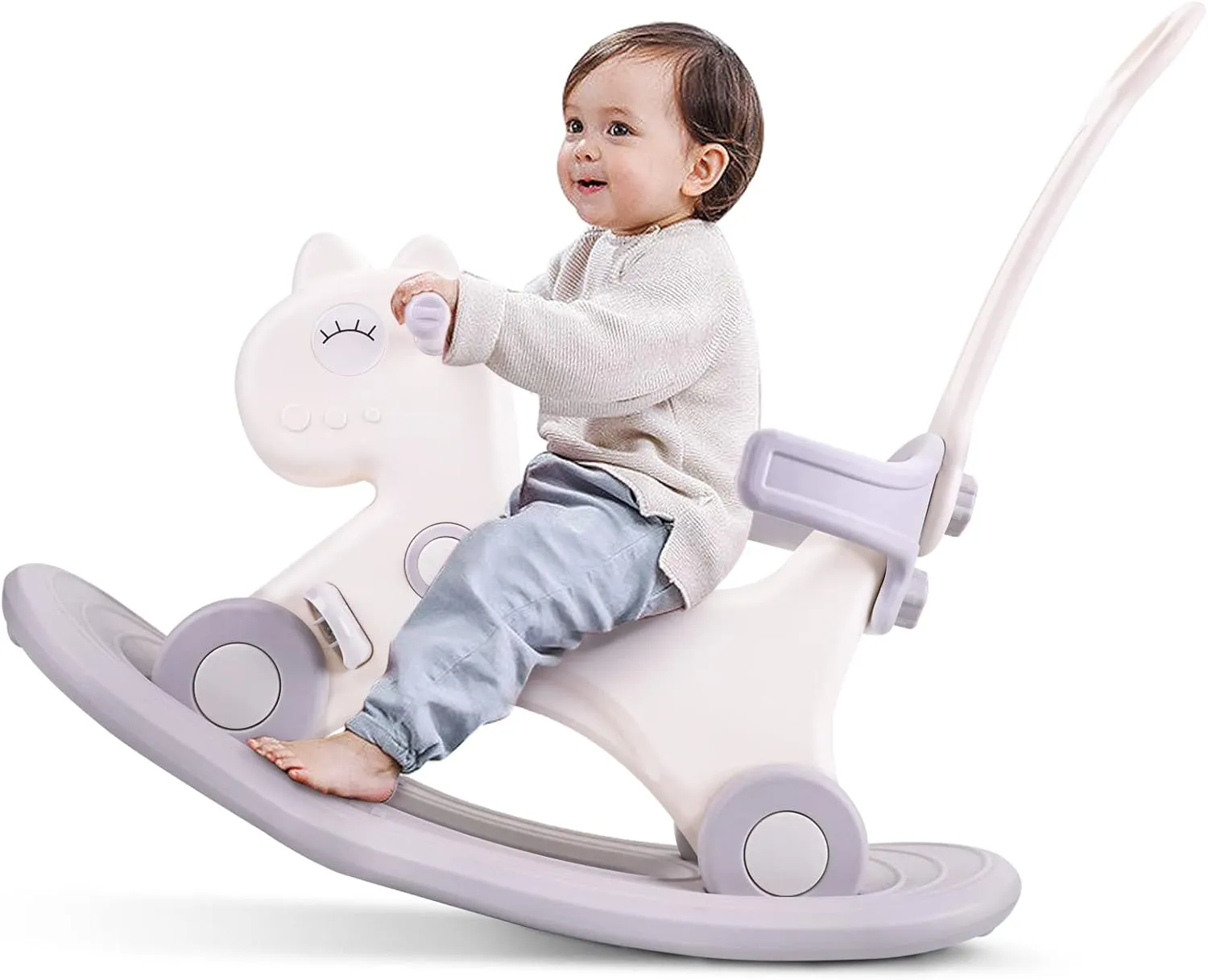 4 in 1 Rocking Horse for Toddlers 1-3 Years Old, Baby Rocking Toy Fun Birthday Gift for 1  Kids, Ride on Toy with Detachable Balance Board and Footrest，Balance Bike with Push Handle，White