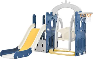 5-in-1 Kids Slide Swing Set, Baby Slide for Toddlers Age 1-3, Climber Slide Playset with Basketball Hoop Indoor Outdoor Playground Freestanding Slide for Boys Girls Birthday Xmas Gifts Blue
