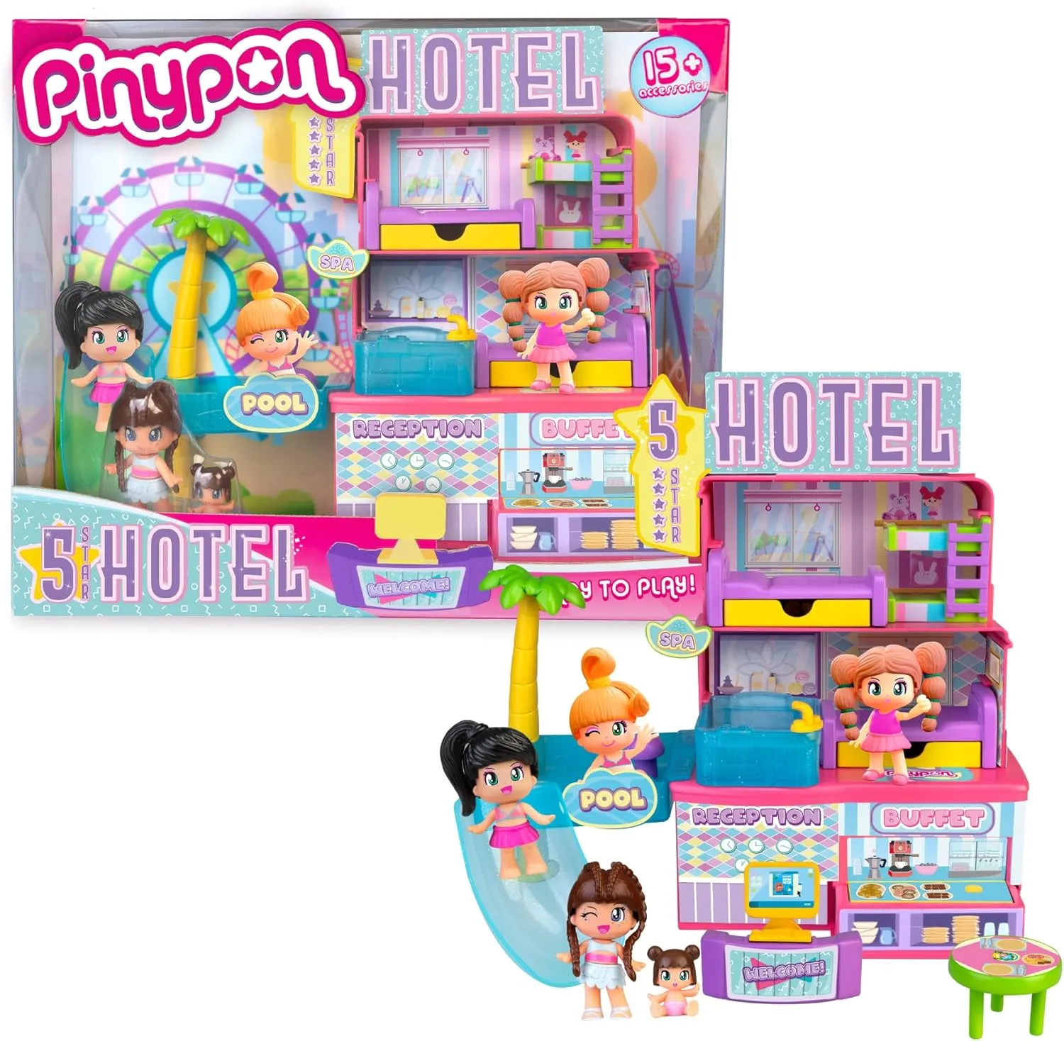 5 star hotel, hotel playset with 2 figures, hotel accessories included, hotel consisting of reception, buffet, family room and suite, for children from 4