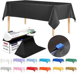 54 Inch X 100 Feet Plastic Table Cover Roll Disposable Tablecloth with Slide Cutter for All Type/Shape Tables | Table Cover for Party, Picnic, Banquet & Outdoor Activities (Black)
