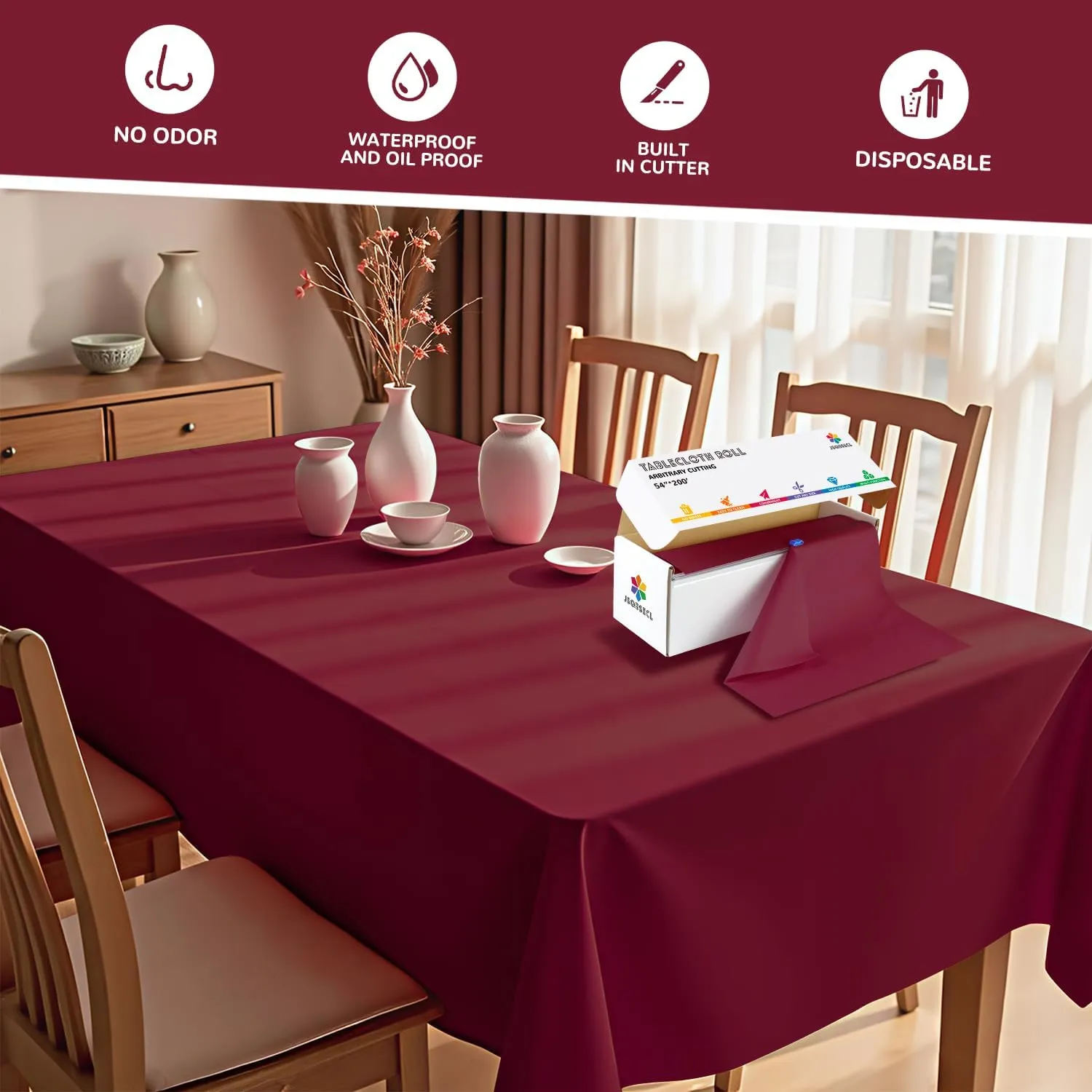 54 Inch X 200 Feet Plastic Table Cover Roll with Convenient Slide Cutter, Disposable Plastic Table Cloth Roll with Cut-to-Size Design for Weddings, Banquets, Parties (Burgundy)