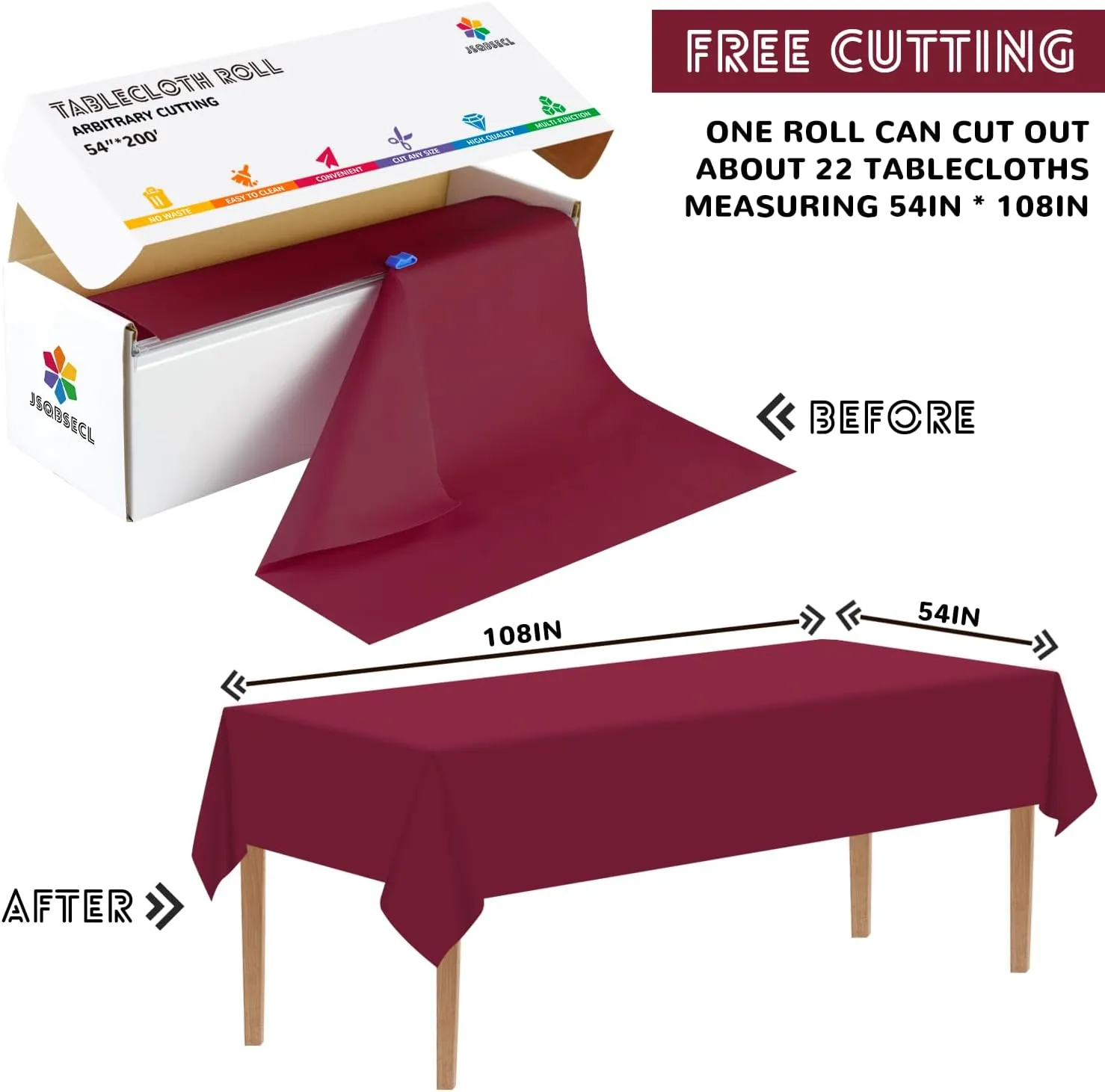 54 Inch X 200 Feet Plastic Table Cover Roll with Convenient Slide Cutter, Disposable Plastic Table Cloth Roll with Cut-to-Size Design for Weddings, Banquets, Parties (Burgundy)
