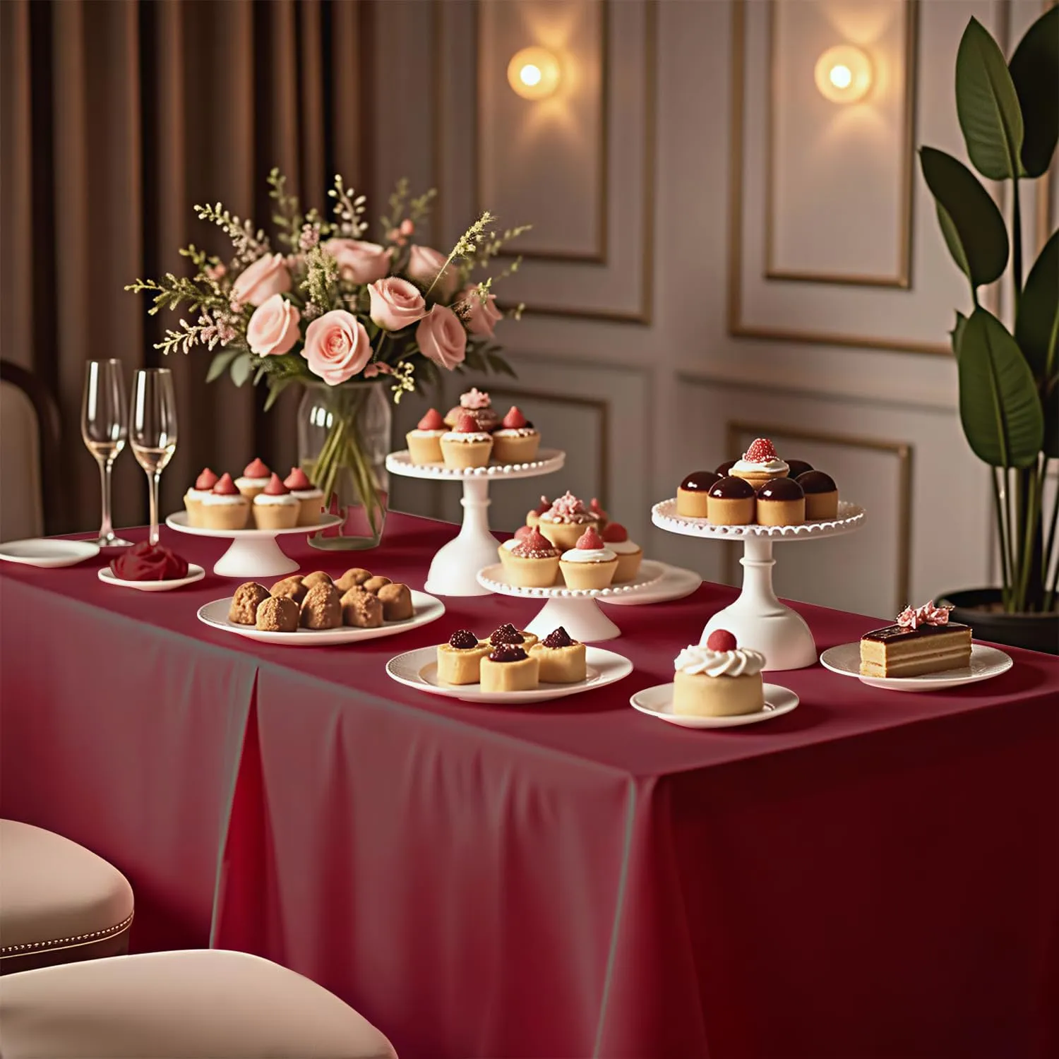 54 Inch X 200 Feet Plastic Table Cover Roll with Convenient Slide Cutter, Disposable Plastic Table Cloth Roll with Cut-to-Size Design for Weddings, Banquets, Parties (Burgundy)