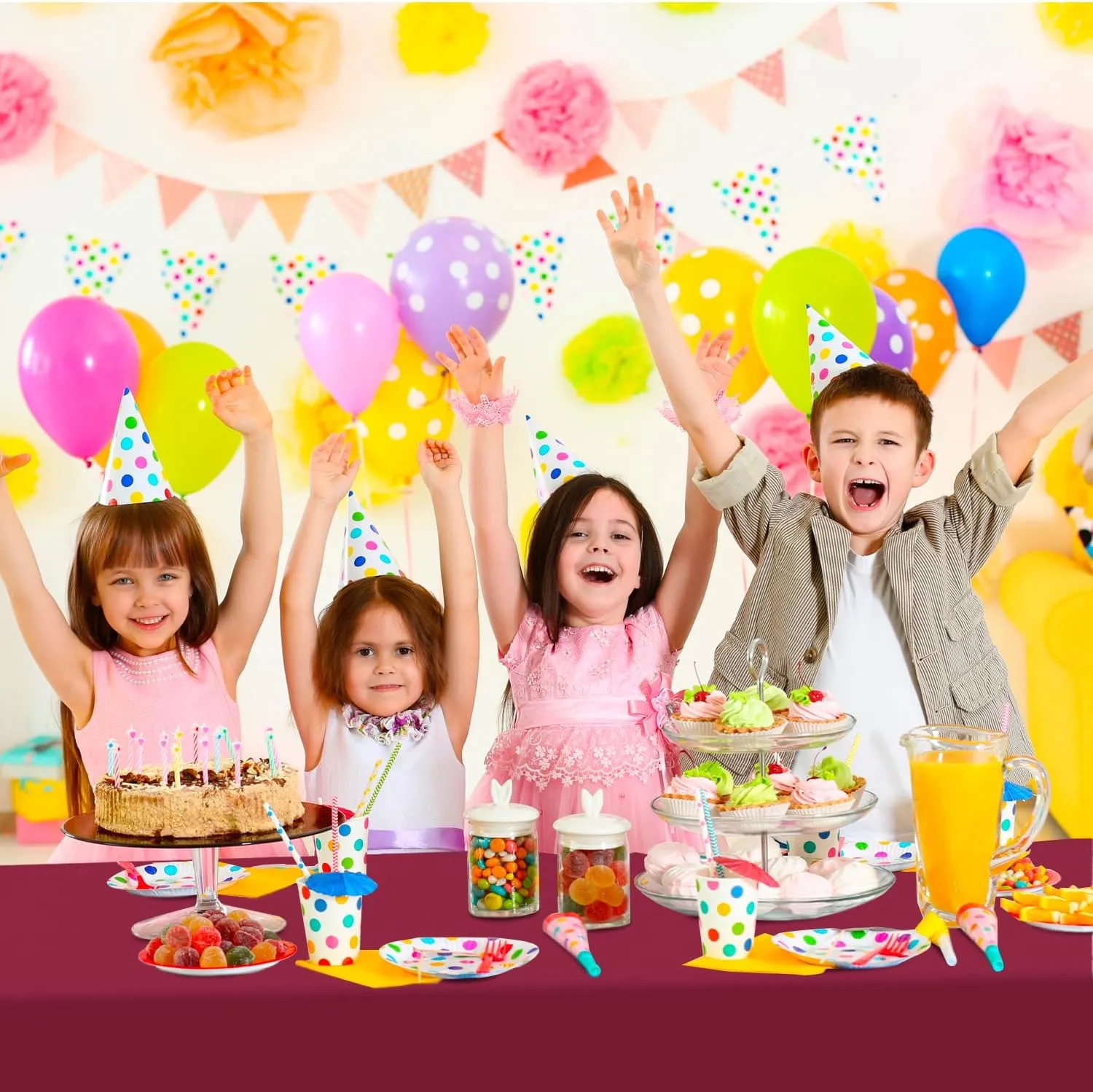 54 Inch X 200 Feet Plastic Table Cover Roll with Convenient Slide Cutter, Disposable Plastic Table Cloth Roll with Cut-to-Size Design for Weddings, Banquets, Parties (Burgundy)