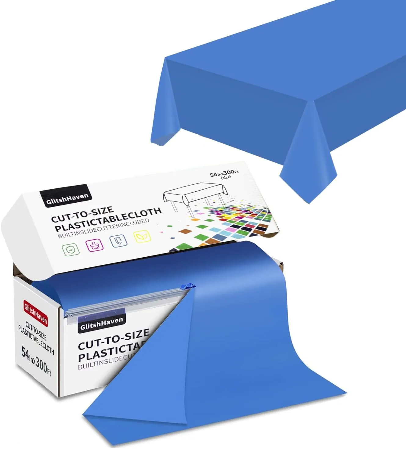 54" x 300 Feet Plastic Table Cover Roll with Slide Cutter for Rectangular Tables | Blue
