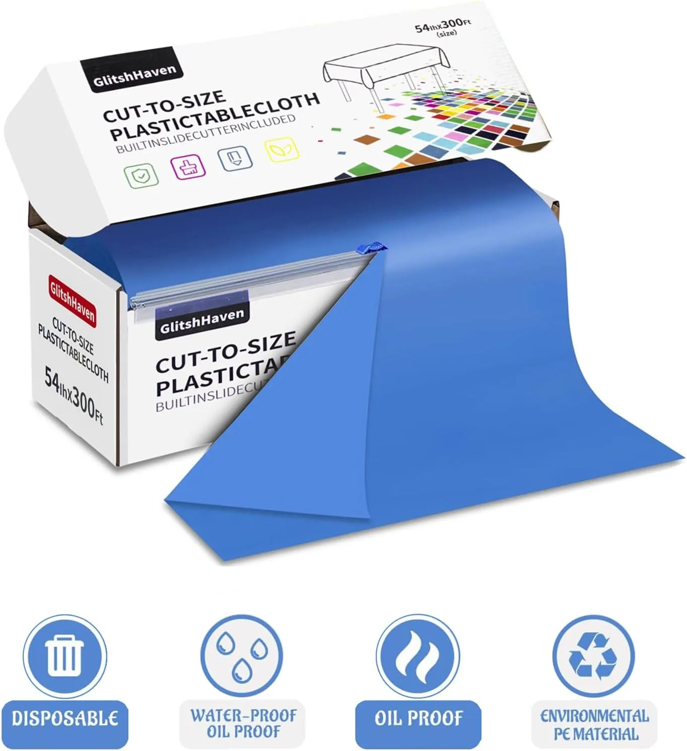 54" x 300 Feet Plastic Table Cover Roll with Slide Cutter for Rectangular Tables | Blue