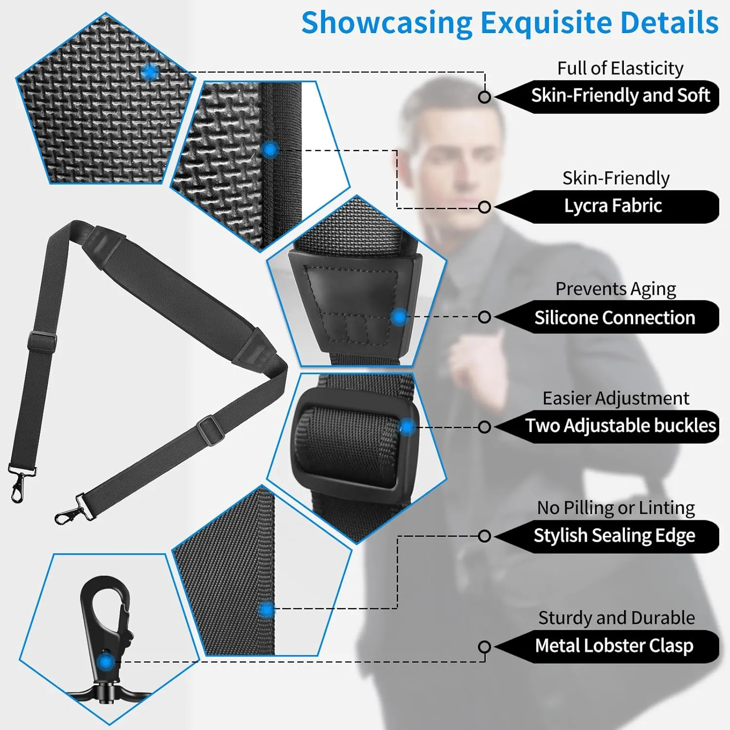 67" Universal Shoulder Strap, Neoprene Thick Padded Bag Strap with Double Adjustable Buckles and Metal Hooks, Ideal for Briefcases, Computer Satchels, Crossbody Bags, Luggage(Supple)