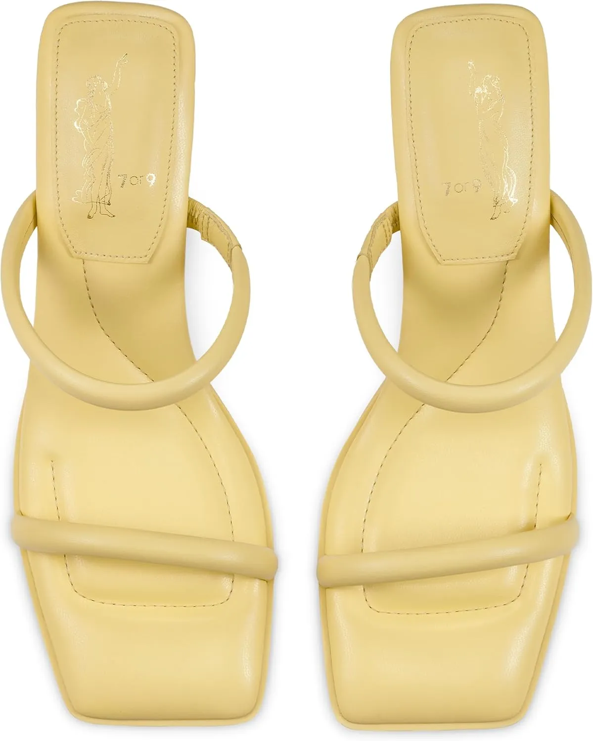 7or9 Women Sofa Sandals Comfortable Lambskin Slide Heeled Sandals Dressy Square Toe Block High Heels Strap Sandals