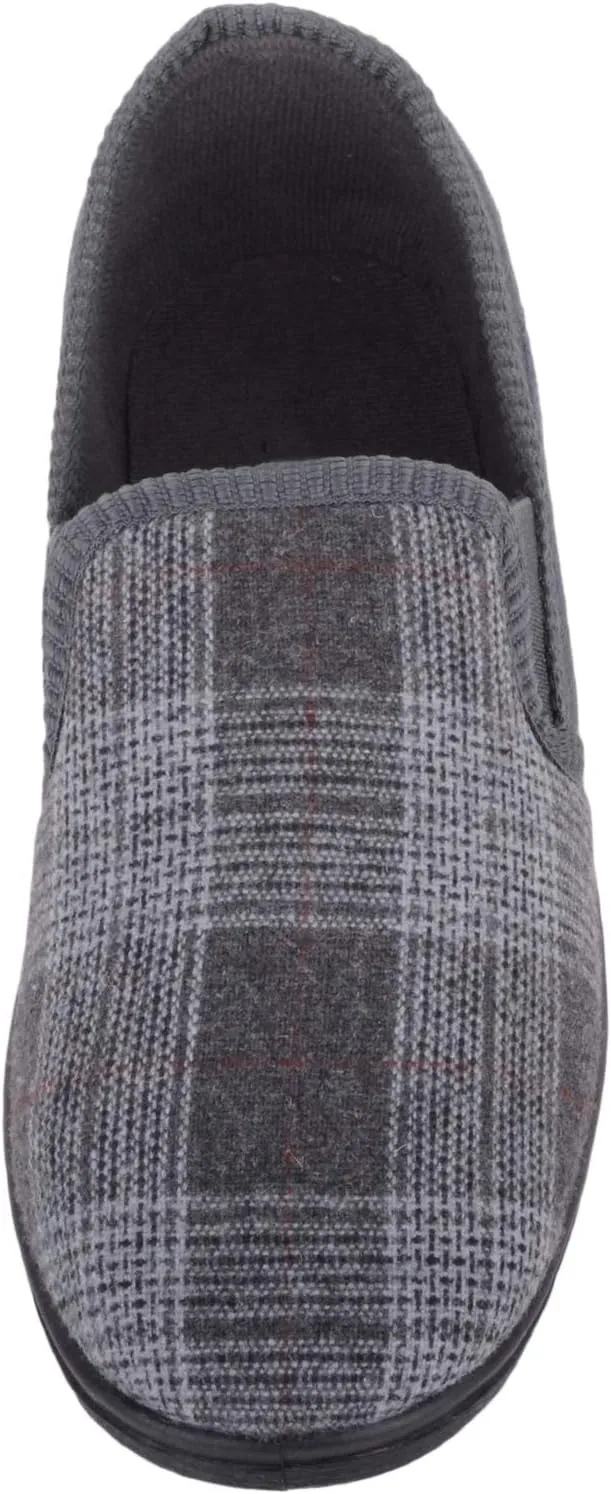 ABSOLUTE FOOTWEAR Mens Traditional Slip On Cotton Check and Velour Slippers with Twin Gusset