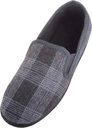 ABSOLUTE FOOTWEAR Mens Traditional Slip On Cotton Check and Velour Slippers with Twin Gusset