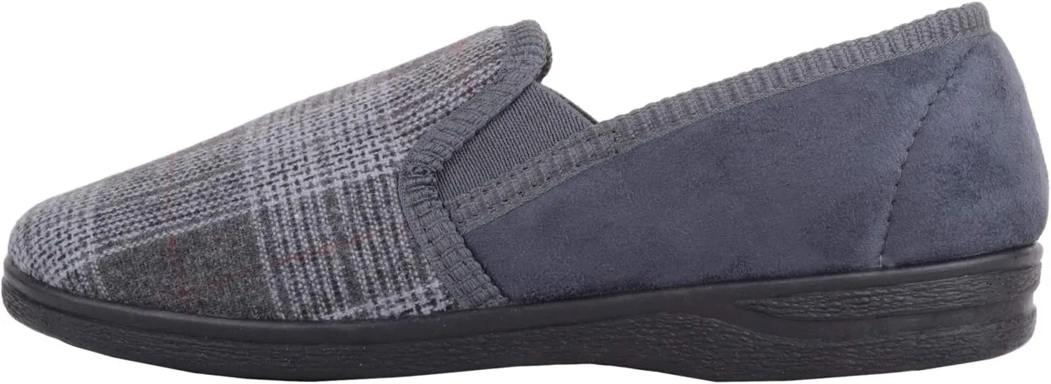 ABSOLUTE FOOTWEAR Mens Traditional Slip On Cotton Check and Velour Slippers with Twin Gusset