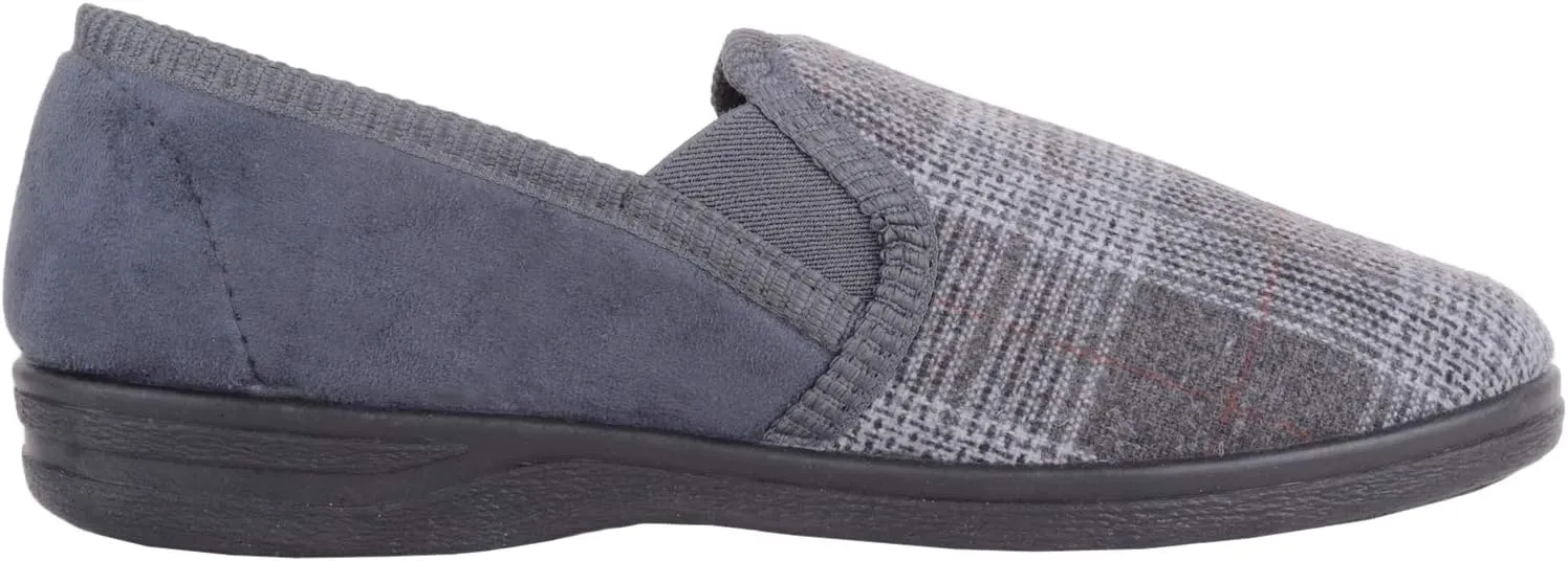ABSOLUTE FOOTWEAR Mens Traditional Slip On Cotton Check and Velour Slippers with Twin Gusset