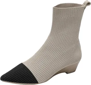 Aceptolcom Women's Stretch Knitted Booties, Stylish Pointed Toe Low Heel Wedge Boots, Slip On Short Boots, Sock Ankle Booties