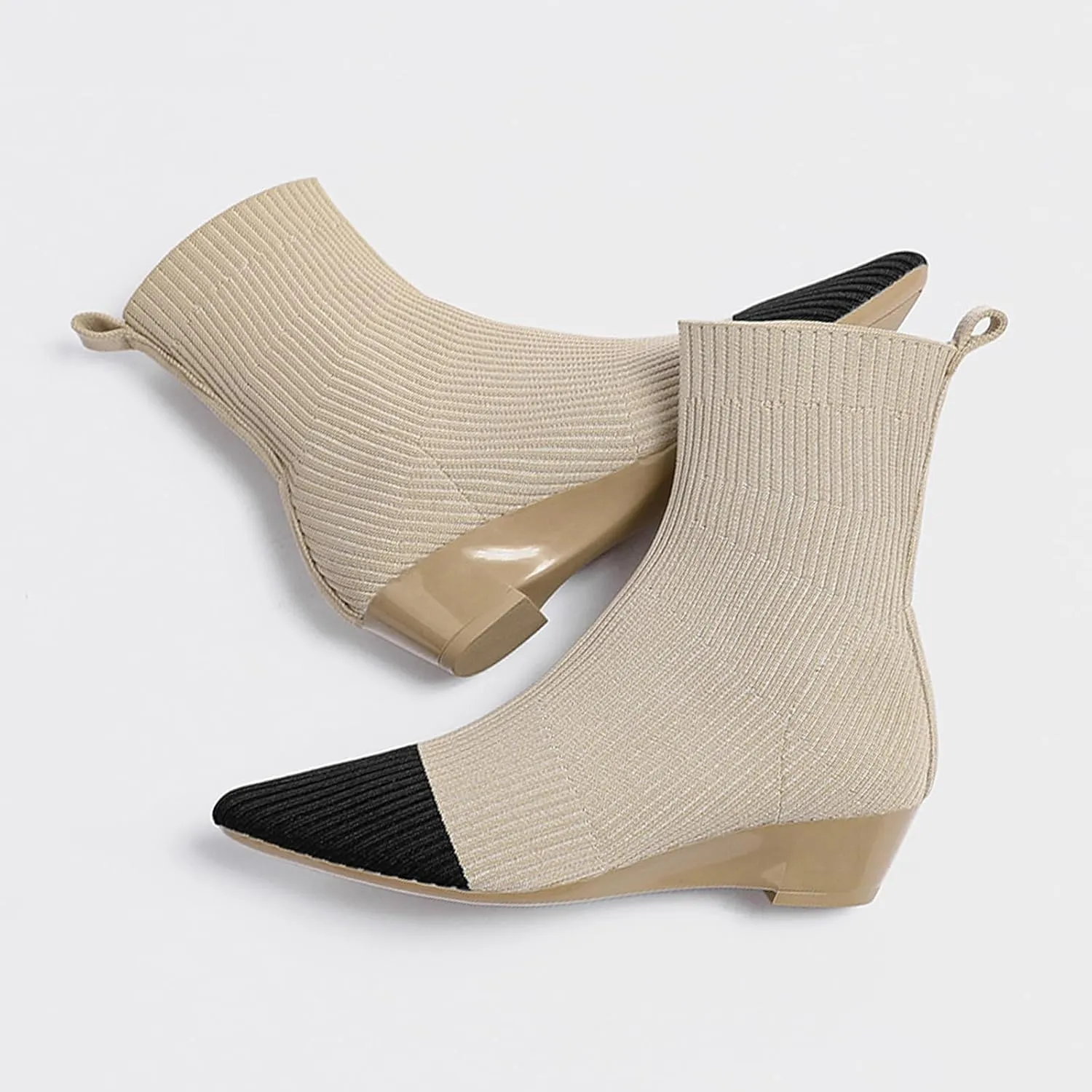 Aceptolcom Women's Stretch Knitted Booties, Stylish Pointed Toe Low Heel Wedge Boots, Slip On Short Boots, Sock Ankle Booties