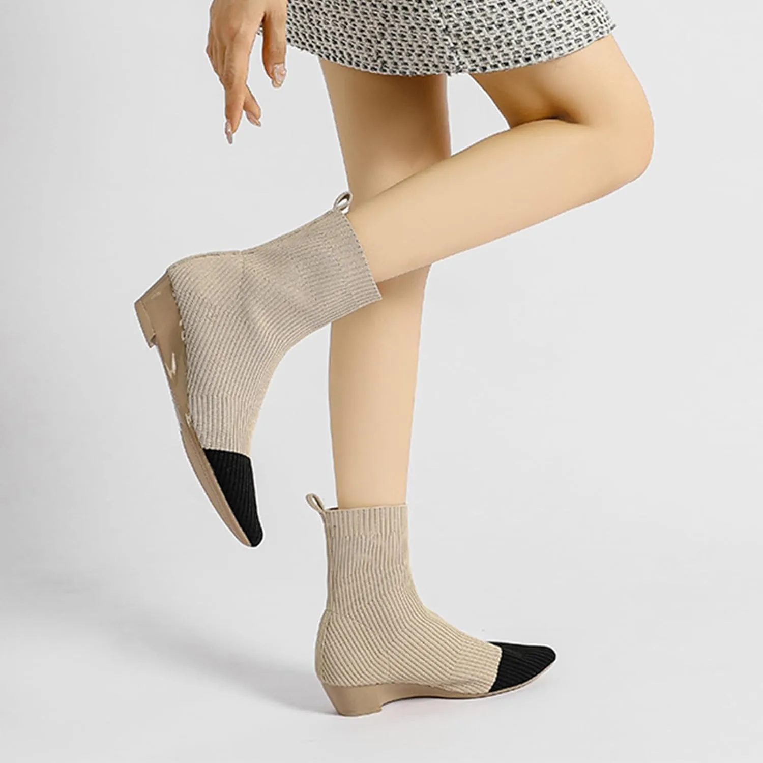 Aceptolcom Women's Stretch Knitted Booties, Stylish Pointed Toe Low Heel Wedge Boots, Slip On Short Boots, Sock Ankle Booties