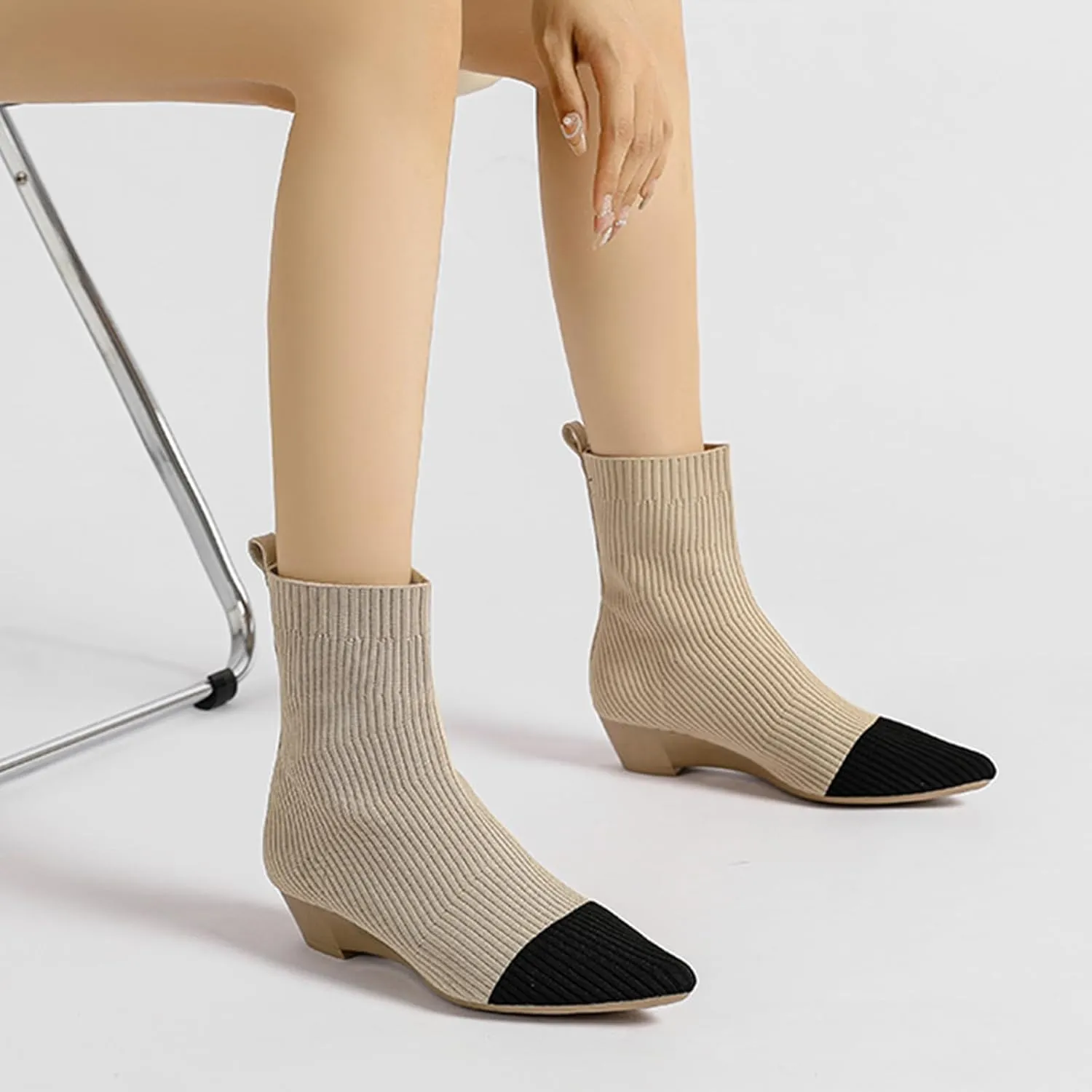 Aceptolcom Women's Stretch Knitted Booties, Stylish Pointed Toe Low Heel Wedge Boots, Slip On Short Boots, Sock Ankle Booties