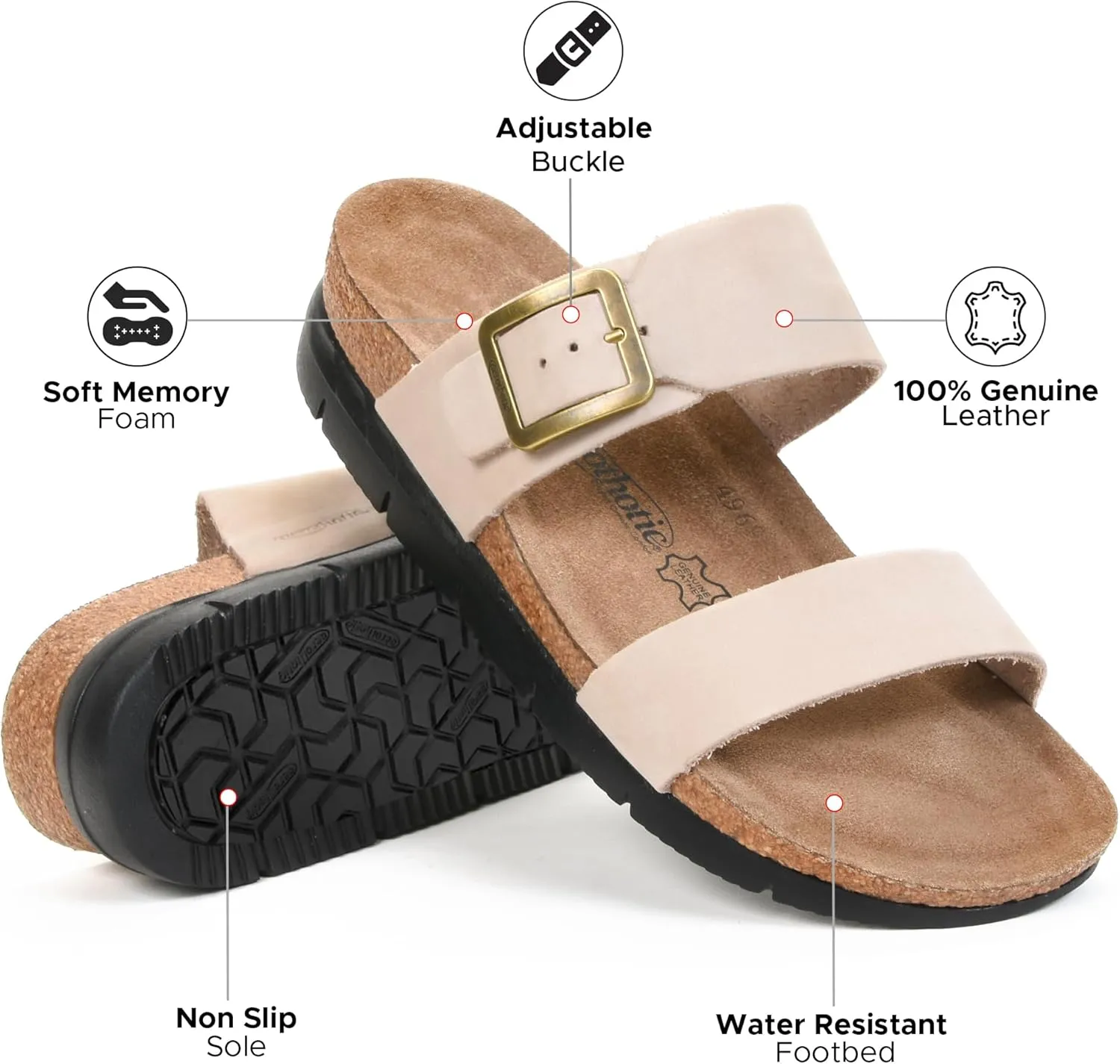 AEROTHOTIC Genuine Leather Slides for Women with Arch Support Comfortable Adjustable Buckle Double Straps with Memory Foam Footbed Slip On Cork Sandals