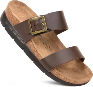 AEROTHOTIC Genuine Leather Slides for Women with Arch Support Comfortable Adjustable Buckle Double Straps with Memory Foam Footbed Slip On Cork Sandals
