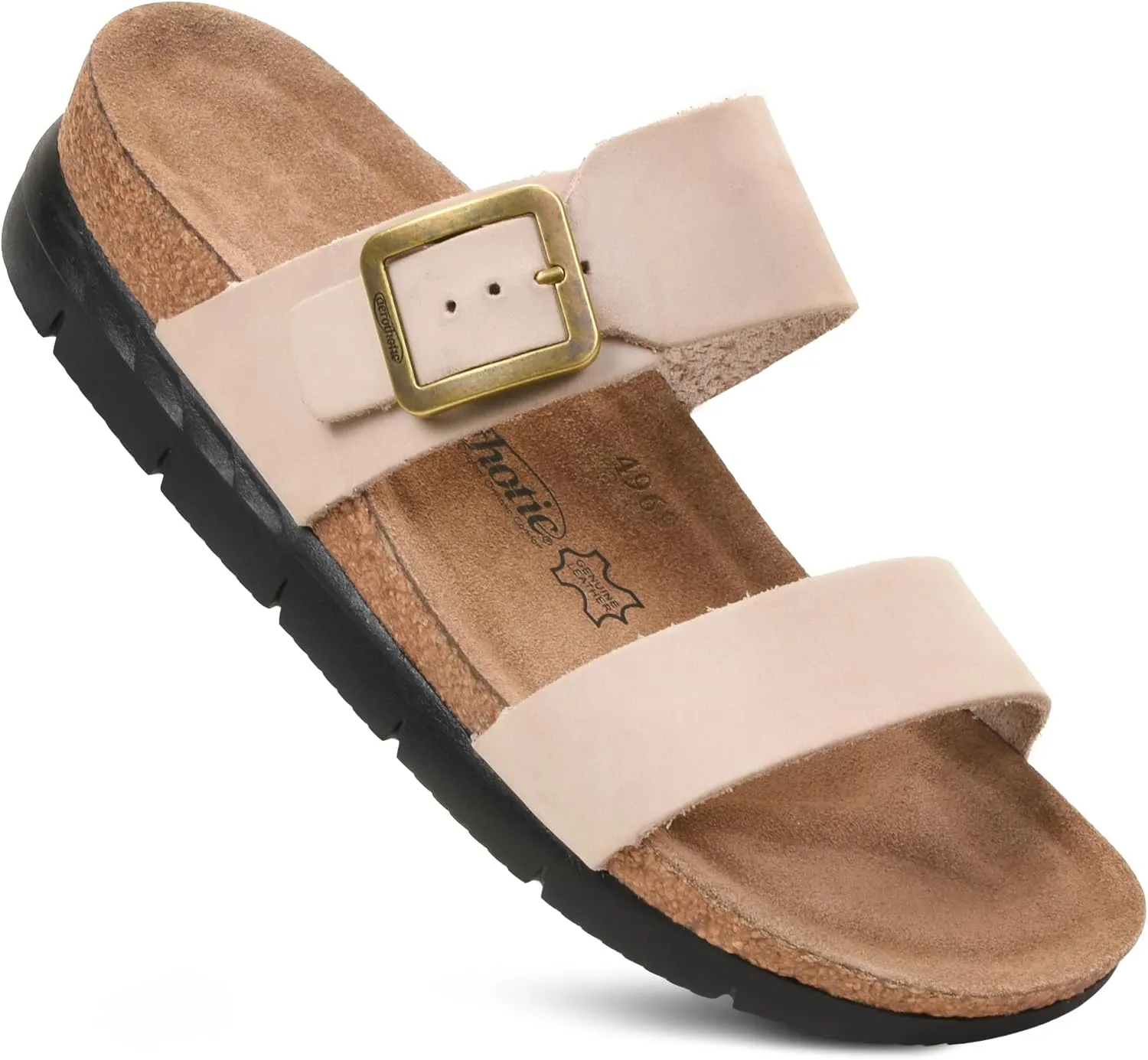 AEROTHOTIC Genuine Leather Slides for Women with Arch Support Comfortable Adjustable Buckle Double Straps with Memory Foam Footbed Slip On Cork Sandals