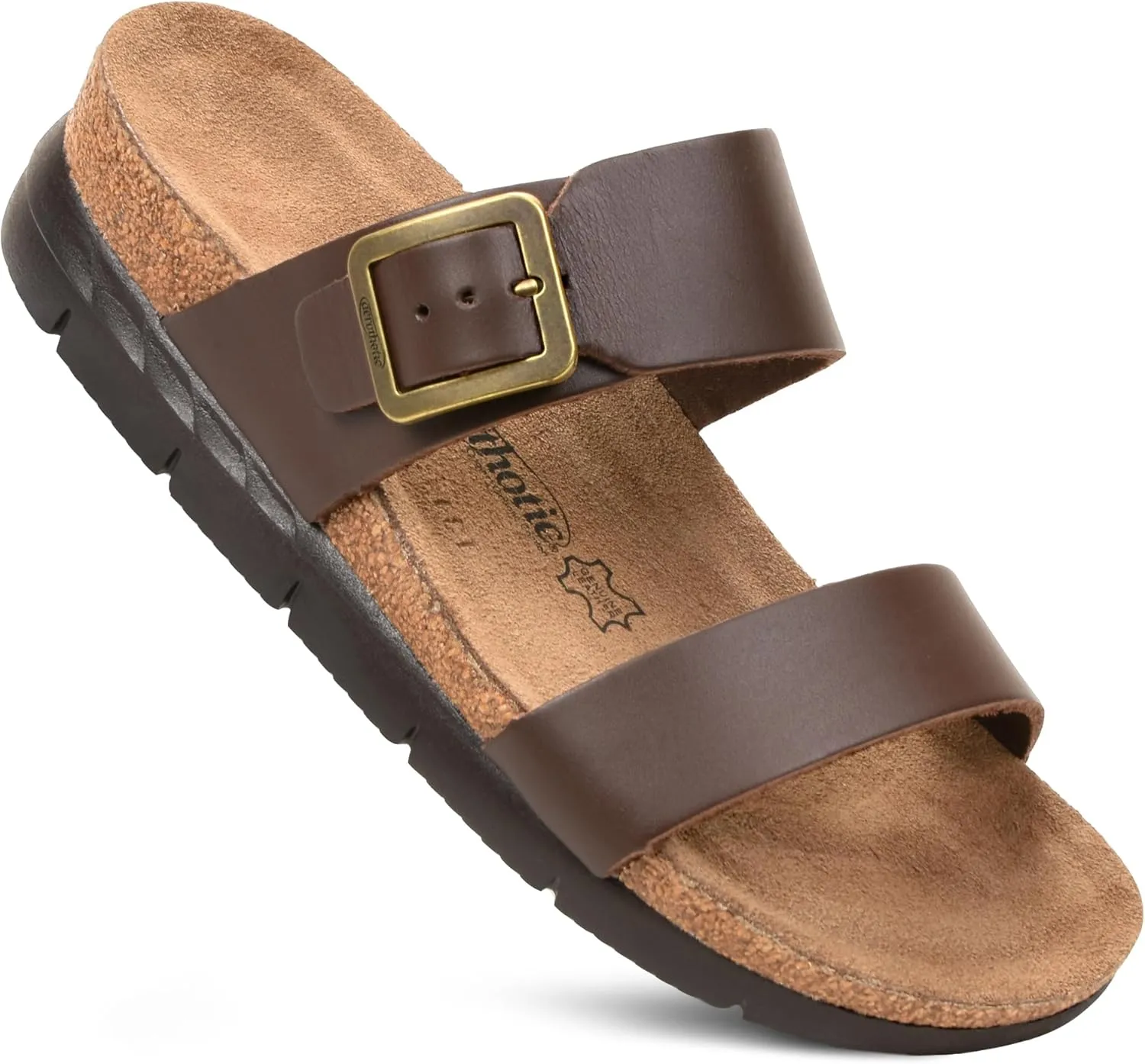 AEROTHOTIC Genuine Leather Slides for Women with Arch Support Comfortable Adjustable Buckle Double Straps with Memory Foam Footbed Slip On Cork Sandals