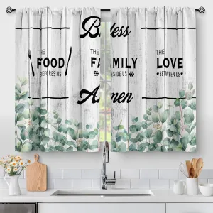 Aimego Country Eucalyptus Leaves Kitchen Curtains - Plant Farmhouse Rustic Botanical Short Cafe Tier Curtains Decor for Living Dining Room Rod Pocket Window Drapes 36 Inch Length 2 Panels 28"x36"