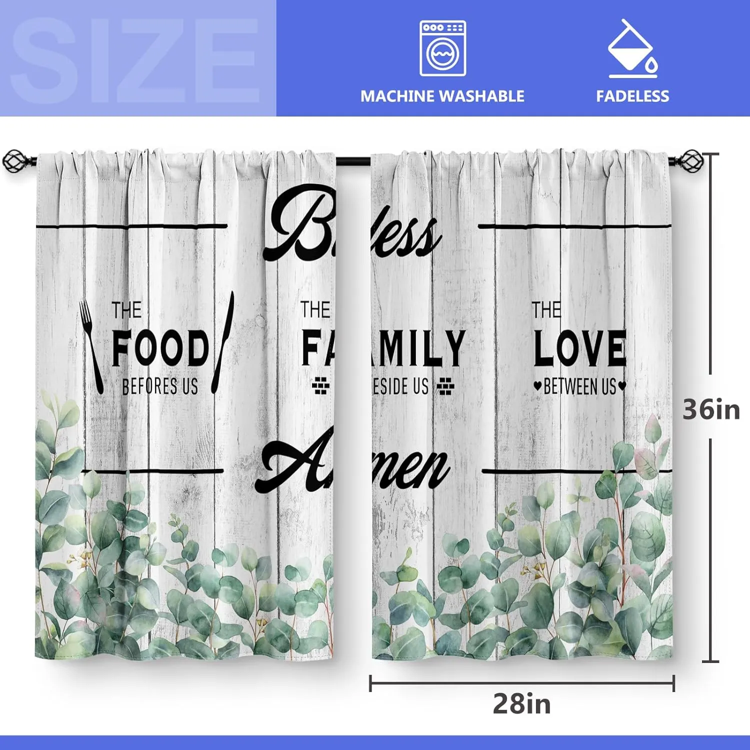 Aimego Country Eucalyptus Leaves Kitchen Curtains - Plant Farmhouse Rustic Botanical Short Cafe Tier Curtains Decor for Living Dining Room Rod Pocket Window Drapes 36 Inch Length 2 Panels 28"x36"