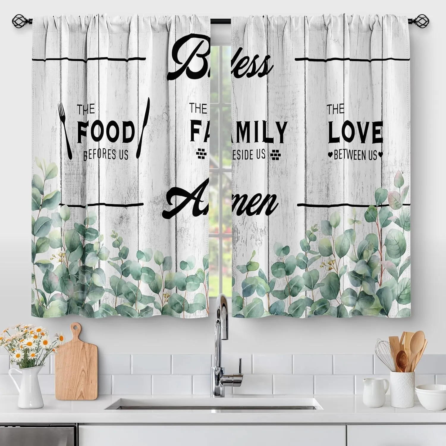 Aimego Country Eucalyptus Leaves Kitchen Curtains - Plant Farmhouse Rustic Botanical Short Cafe Tier Curtains Decor for Living Dining Room Rod Pocket Window Drapes 36 Inch Length 2 Panels 28"x36"