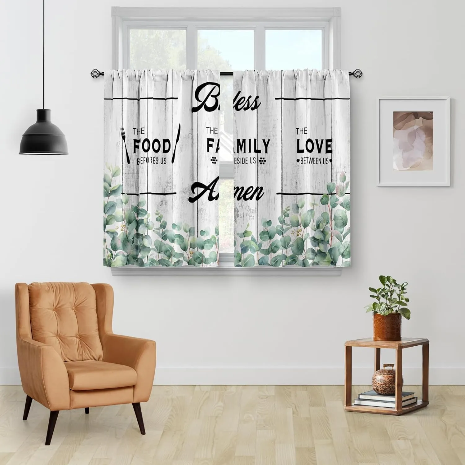 Aimego Country Eucalyptus Leaves Kitchen Curtains - Plant Farmhouse Rustic Botanical Short Cafe Tier Curtains Decor for Living Dining Room Rod Pocket Window Drapes 36 Inch Length 2 Panels 28"x36"