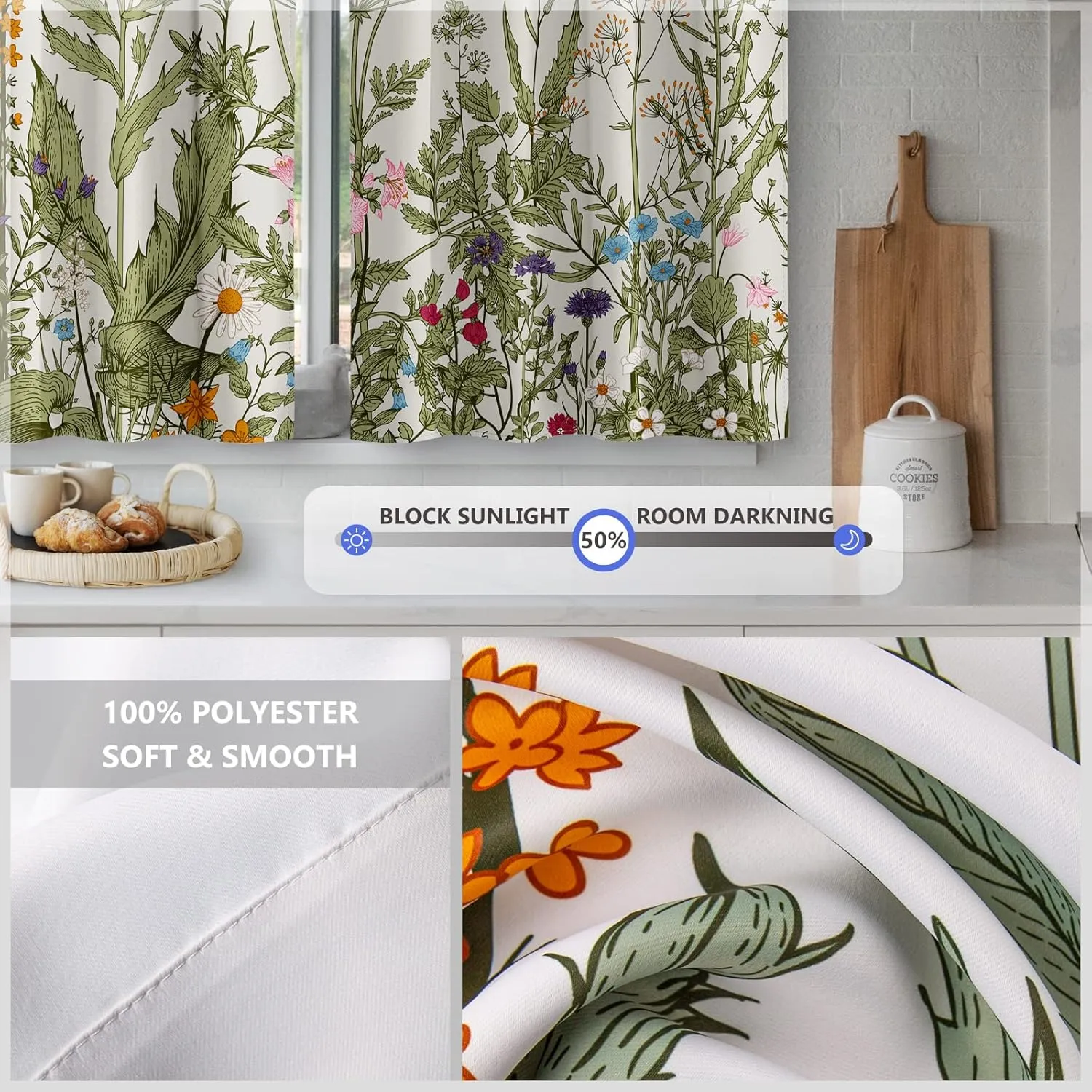 Aimego Flower Leaves Kitchen Curtains - Dark Green Floral Spring Rustic Plant Botanical Cafe Farmhouse Small Short Curtains for Bathroom RV Rod Pocket Window Drapes 36 Inch Length 2 Panels Set