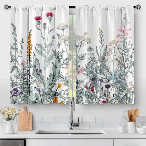 Aimego Flower Leaves Kitchen Curtains - Dark Green Floral Spring Rustic Plant Botanical Cafe Farmhouse Small Short Curtains for Bathroom RV Rod Pocket Window Drapes 36 Inch Length 2 Panels Set