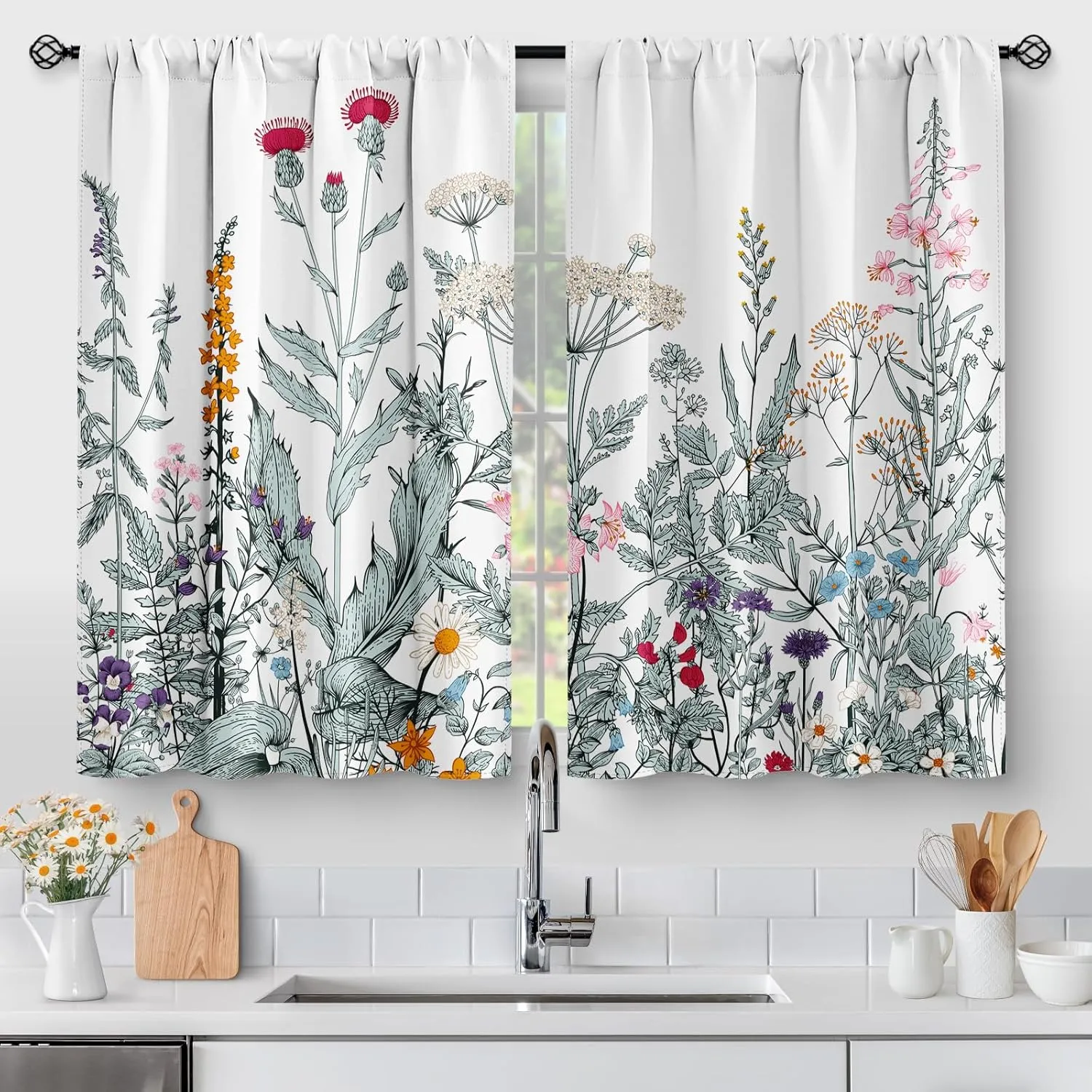 Aimego Flower Leaves Kitchen Curtains - Dark Green Floral Spring Rustic Plant Botanical Cafe Farmhouse Small Short Curtains for Bathroom RV Rod Pocket Window Drapes 36 Inch Length 2 Panels Set