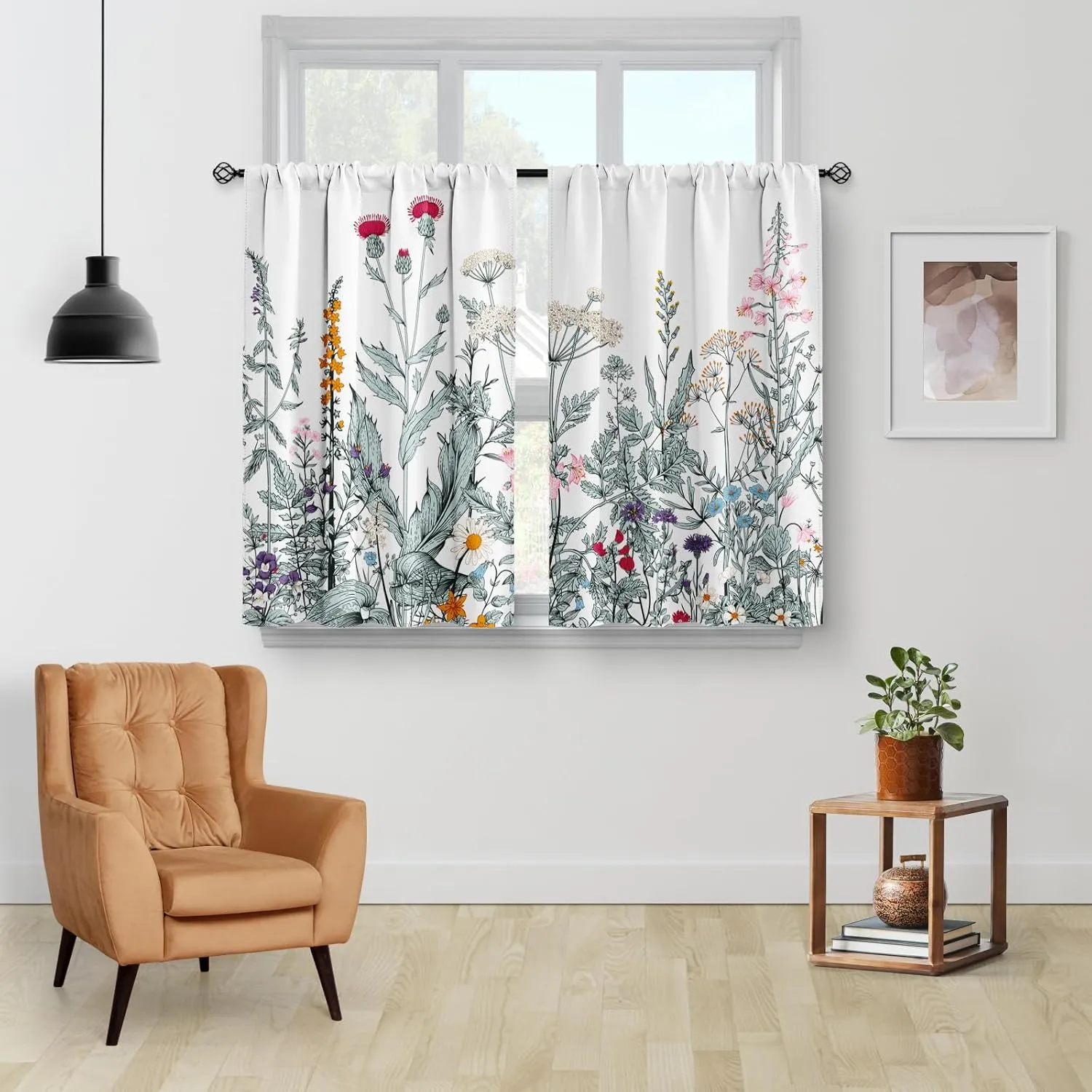 Aimego Flower Leaves Kitchen Curtains - Dark Green Floral Spring Rustic Plant Botanical Cafe Farmhouse Small Short Curtains for Bathroom RV Rod Pocket Window Drapes 36 Inch Length 2 Panels Set