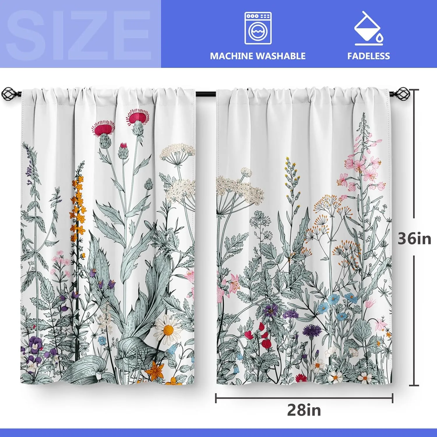 Aimego Flower Leaves Kitchen Curtains - Dark Green Floral Spring Rustic Plant Botanical Cafe Farmhouse Small Short Curtains for Bathroom RV Rod Pocket Window Drapes 36 Inch Length 2 Panels Set