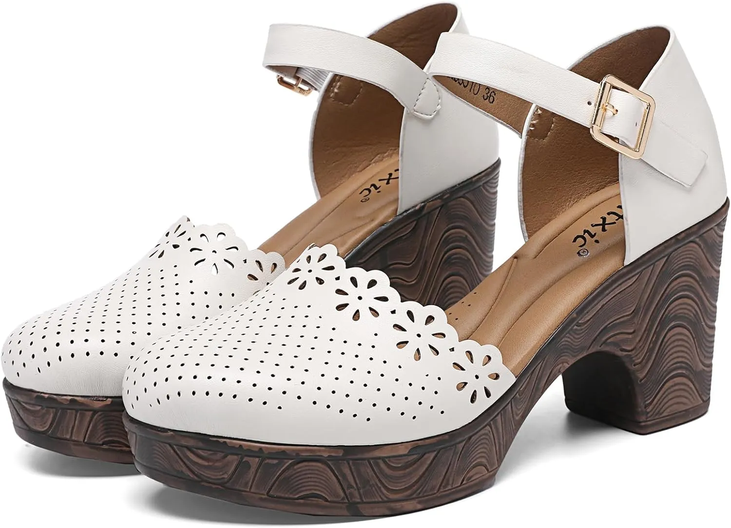 Altxic Women's Closed Round Toe Hollow Out Vamp Ankle Strap Buckle Low Block Chunky Heels Sandals