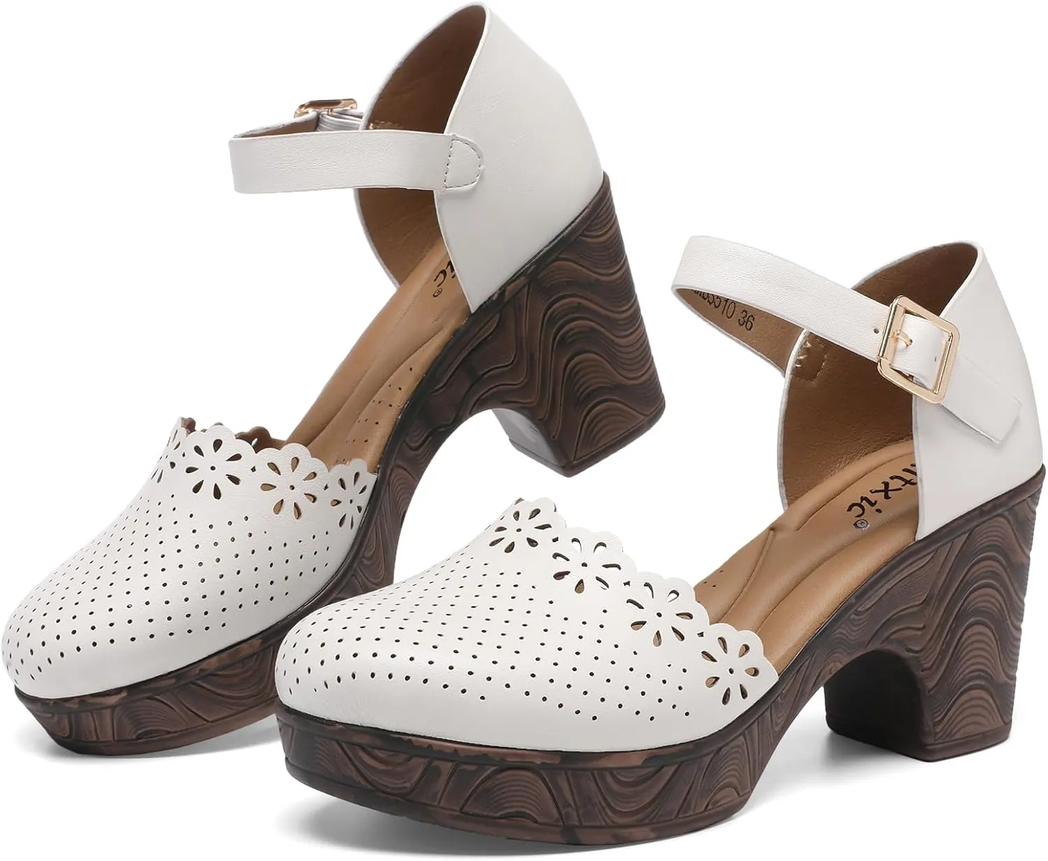 Altxic Women's Closed Round Toe Hollow Out Vamp Ankle Strap Buckle Low Block Chunky Heels Sandals